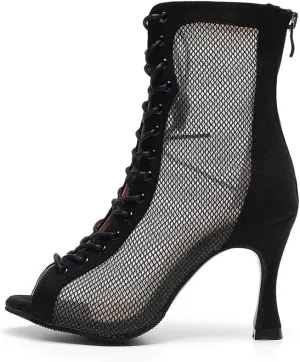 HROYL Women Open Toe Dance Boots Mesh Lace-up Professional Ballroom Latin Salsa Heels Dancing Shoes Model 7179