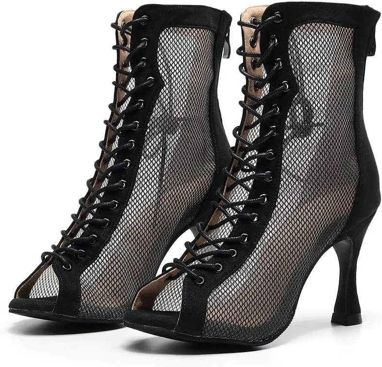 HROYL Women Open Toe Dance Boots Mesh Lace-up Professional Ballroom Latin Salsa Heels Dancing Shoes Model 7179