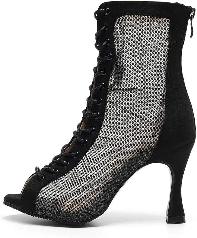 HROYL Women Open Toe Dance Boots Mesh Lace-up Professional Ballroom Latin Salsa Heels Dancing Shoes Model 7179