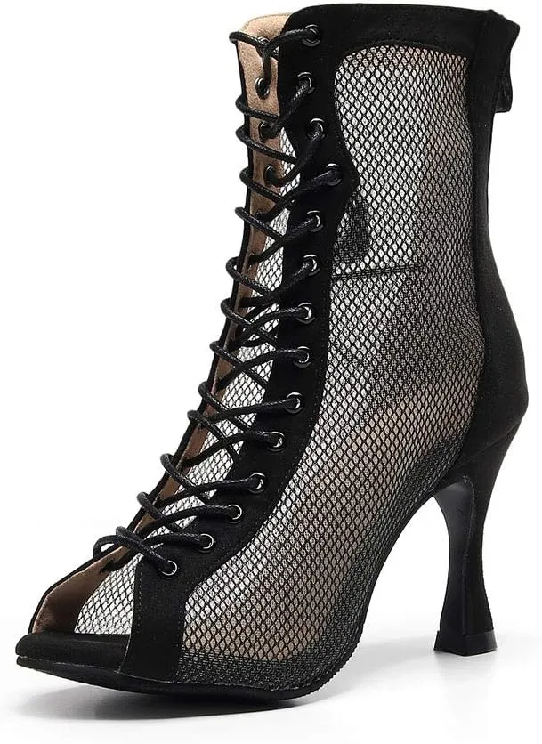 HROYL Women Open Toe Dance Boots Mesh Lace-up Professional Ballroom Latin Salsa Heels Dancing Shoes Model 7179