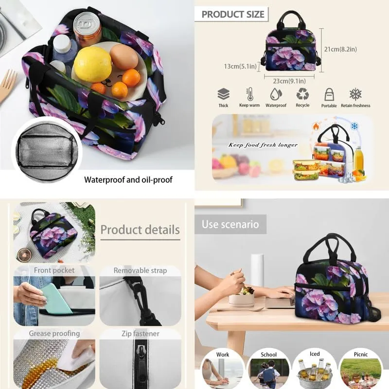 Hydrangea Purple Hand Drawing 3pack School Bag Set Backpack with Flower Art Painting Lunch Box and Pencil Case, Middle School Student Bookbag Set