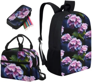 Hydrangea Purple Hand Drawing 3pack School Bag Set Backpack with Flower Art Painting Lunch Box and Pencil Case, Middle School Student Bookbag Set
