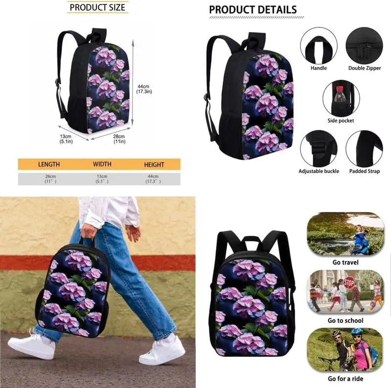 Hydrangea Purple Hand Drawing 3pack School Bag Set Backpack with Flower Art Painting Lunch Box and Pencil Case, Middle School Student Bookbag Set