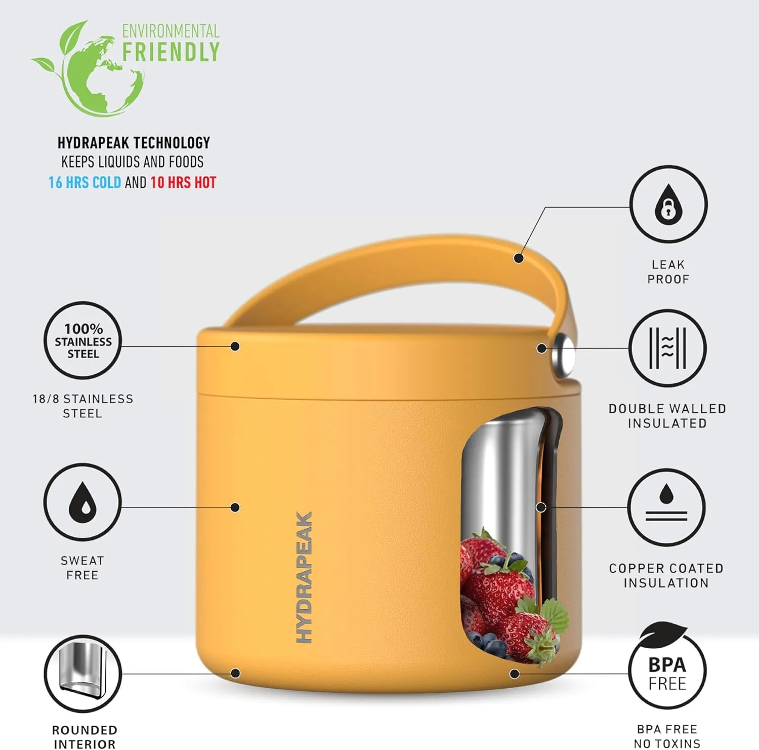 Hydrapeak 18oz Stainless Steel Vacuum Insulated Thermos Food Jar | Thermos for Hot Food and Cold Food, Wide Mouth Leak-Proof Soup Thermos for Adults, 10 Hours Hot and 16 Hours Cold (Tangerine)