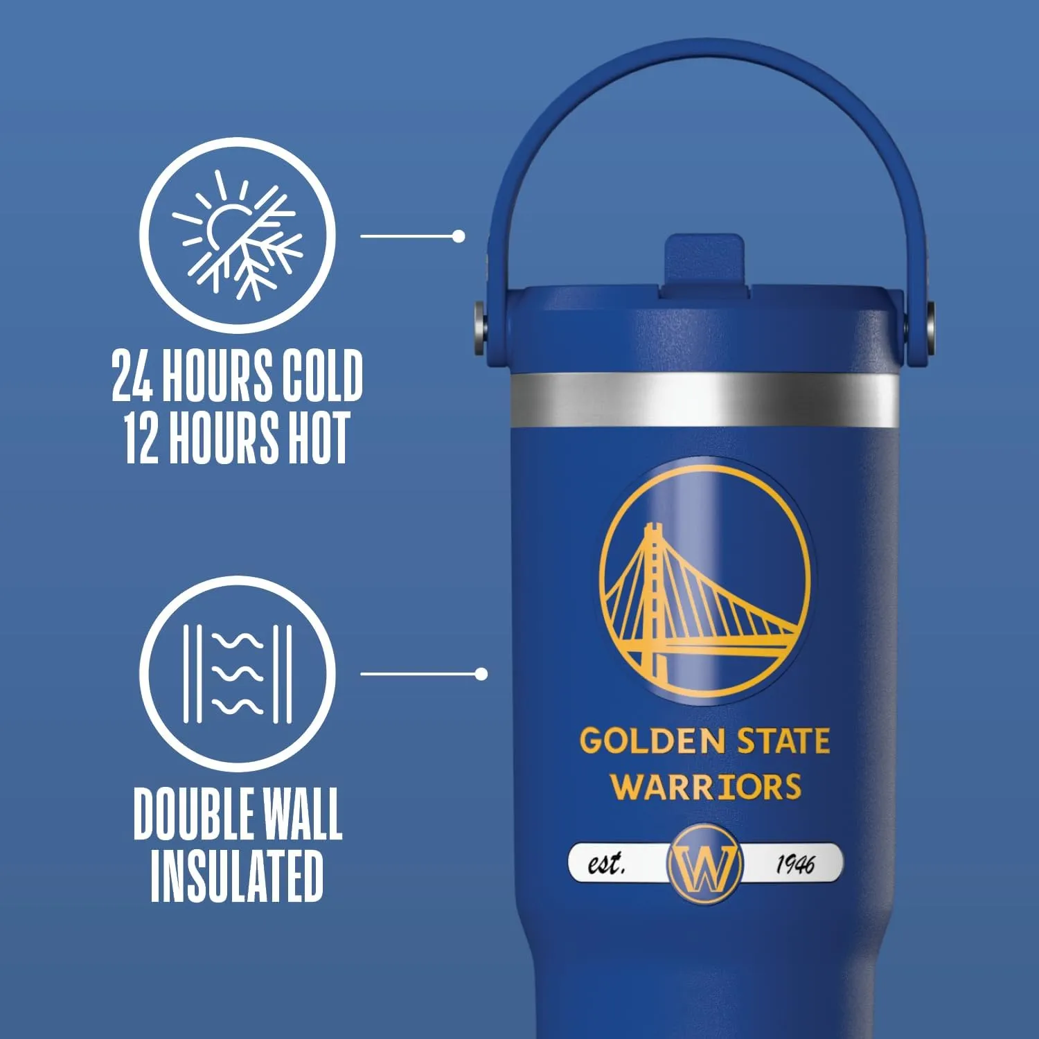 Hydrapeak x NBA Officially Licensed Golden State Warriors 32 oz Nomad Tumbler with Handle and Straw Lid, Leakproof Stainless Steel Water Bottle