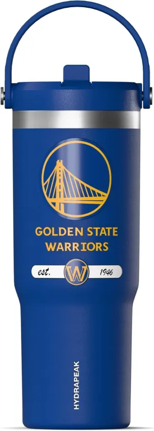 Hydrapeak x NBA Officially Licensed Golden State Warriors 32 oz Nomad Tumbler with Handle and Straw Lid, Leakproof Stainless Steel Water Bottle