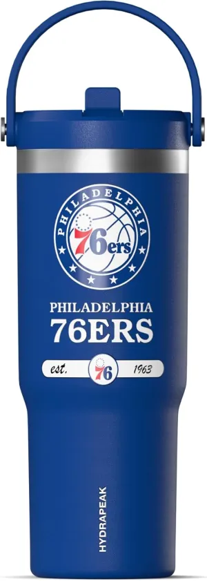Hydrapeak x NBA Officially Licensed Philadelphia 76ers 32 oz Nomad Tumbler with Handle and Straw Lid, Leakproof Stainless Steel Water Bottle