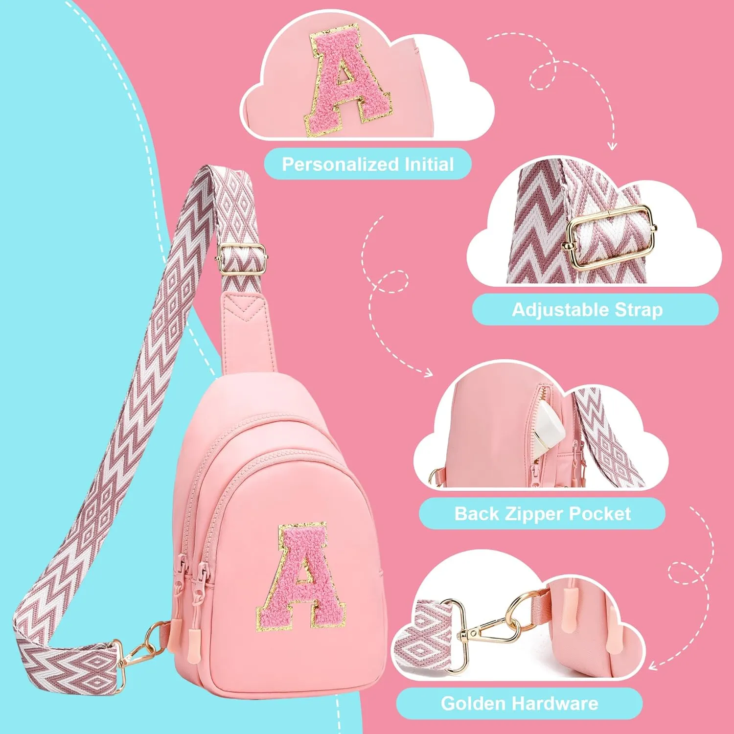 I IHAYNER Girls Sling Bag Fanny Pack Crossbody Bags with Initial Letter for Teen Girls Gift Trendy Stuff Chest Bag for Travel (Pink-E）
