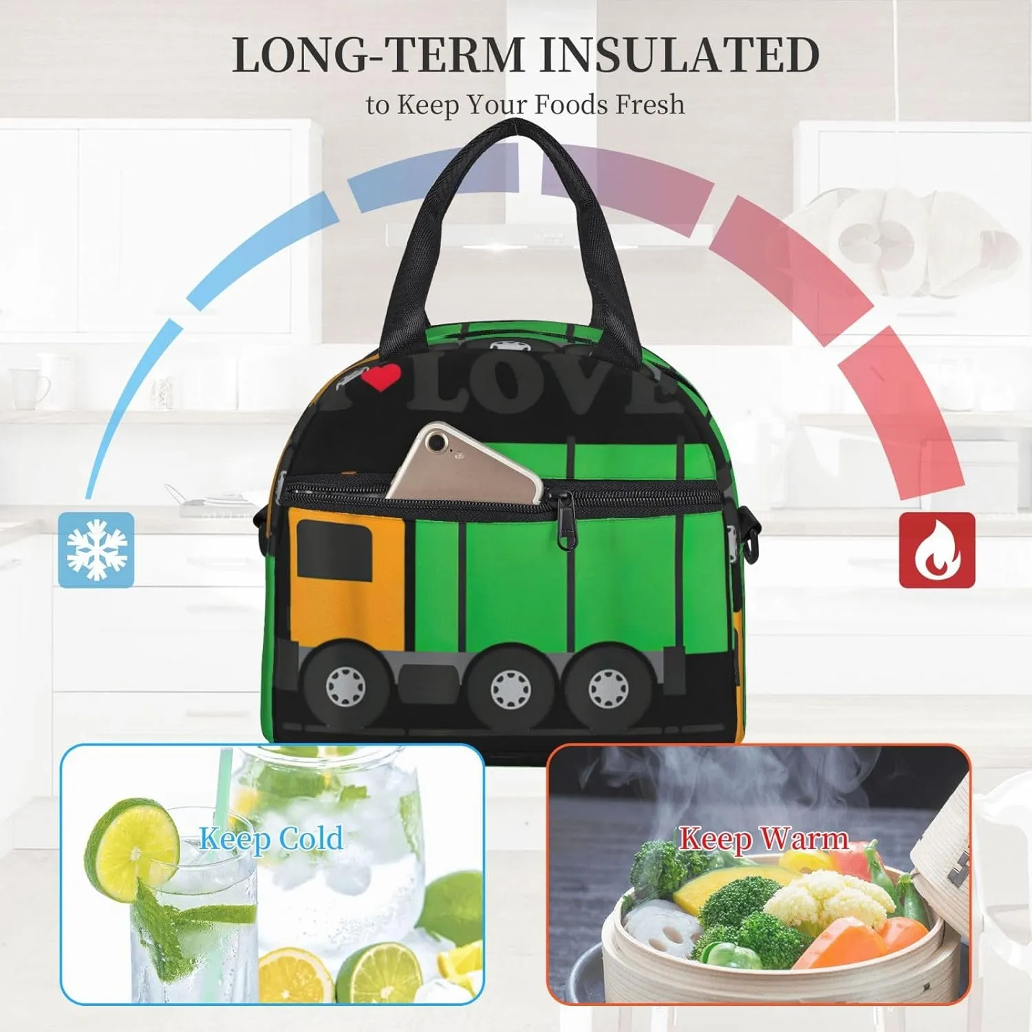 I Love Garbage Trucks Print Crossbody Insulated Lunch Bags For Women Men Cooler Bag Lightweight Waterproof Lunch Box