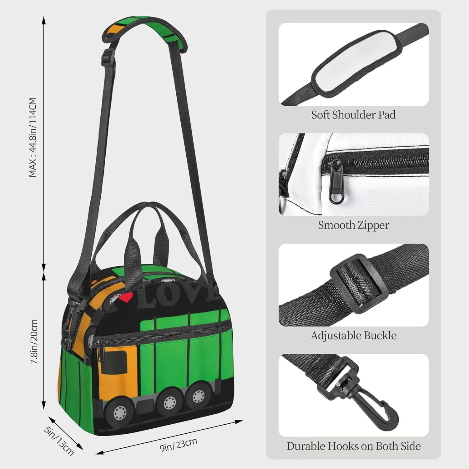 I Love Garbage Trucks Print Crossbody Insulated Lunch Bags For Women Men Cooler Bag Lightweight Waterproof Lunch Box
