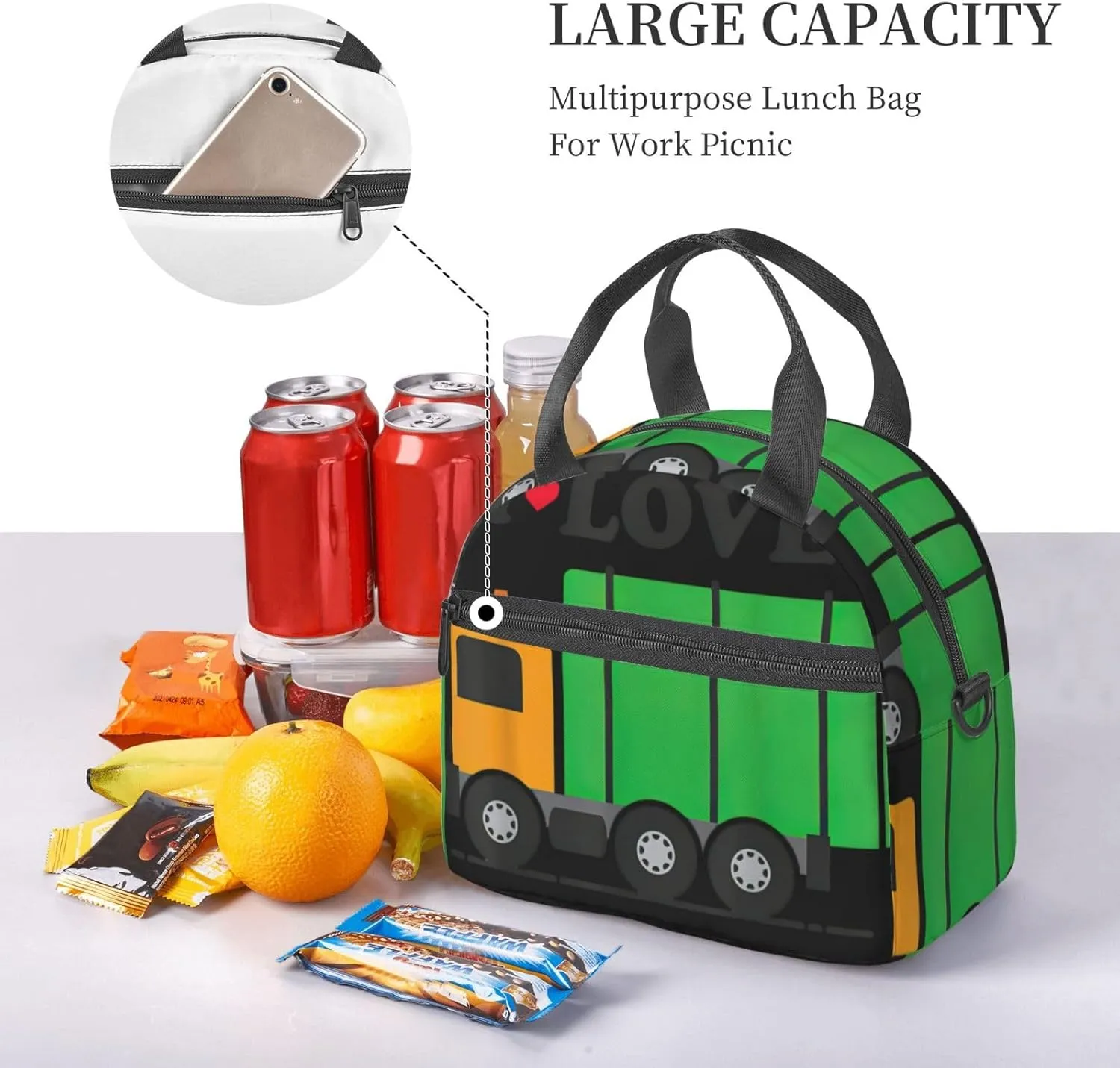 I Love Garbage Trucks Print Crossbody Insulated Lunch Bags For Women Men Cooler Bag Lightweight Waterproof Lunch Box