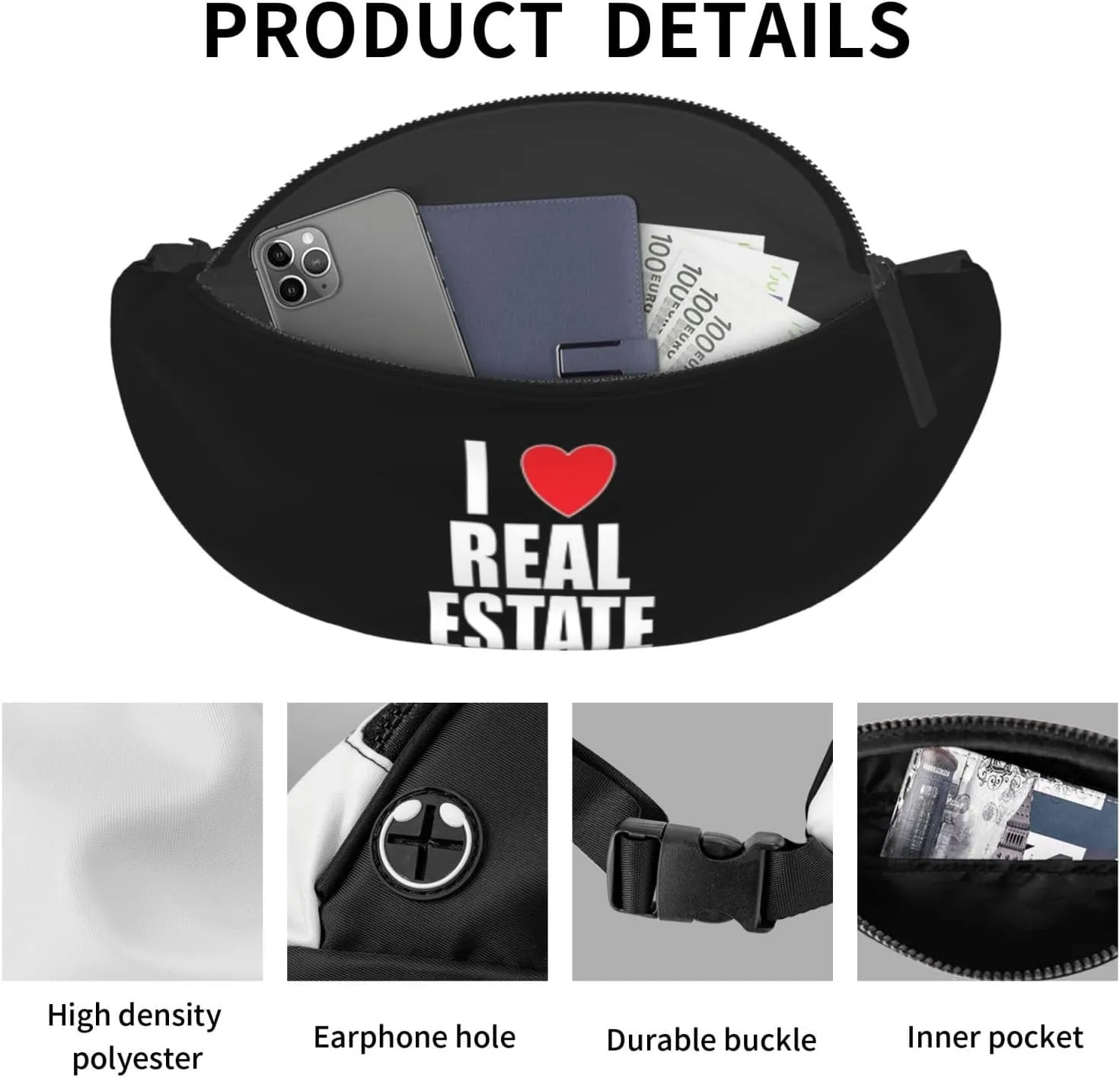 I Love Real Estate Unisex Adjustable Leisure Waist Bag Outdoor Sports Running Waist Bag Business Travel Mobile Phone Bag, Black