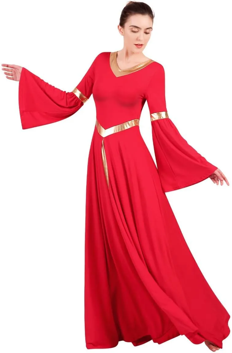 IBAKOM Praise Liturgical Dance Costume for Women Loose Fit Full Length Metallic Gold V-Neck Worship Long Dress Dancewear