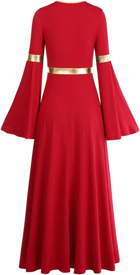 IBAKOM Praise Liturgical Dance Costume for Women Loose Fit Full Length Metallic Gold V-Neck Worship Long Dress Dancewear