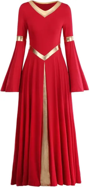 IBAKOM Praise Liturgical Dance Costume for Women Loose Fit Full Length Metallic Gold V-Neck Worship Long Dress Dancewear