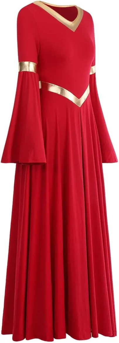 IBAKOM Praise Liturgical Dance Costume for Women Loose Fit Full Length Metallic Gold V-Neck Worship Long Dress Dancewear