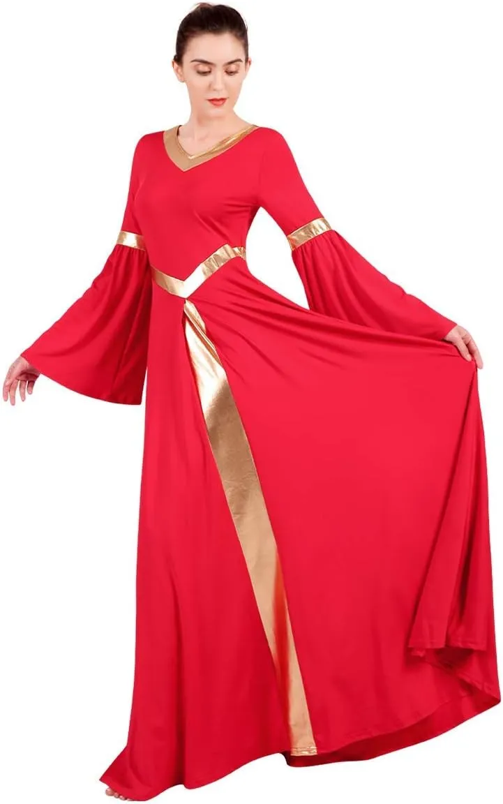 IBAKOM Praise Liturgical Dance Costume for Women Loose Fit Full Length Metallic Gold V-Neck Worship Long Dress Dancewear