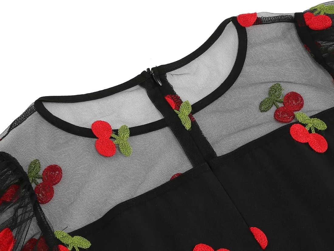 IBTOM CASTLE Women's 1950s Vintage Dress Short Sleeve Heart Print Mesh Retro Evening Prom Cocktail Party Swing A Line Dress
