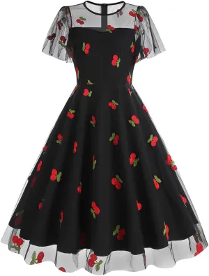 IBTOM CASTLE Women's 1950s Vintage Dress Short Sleeve Heart Print Mesh Retro Evening Prom Cocktail Party Swing A Line Dress