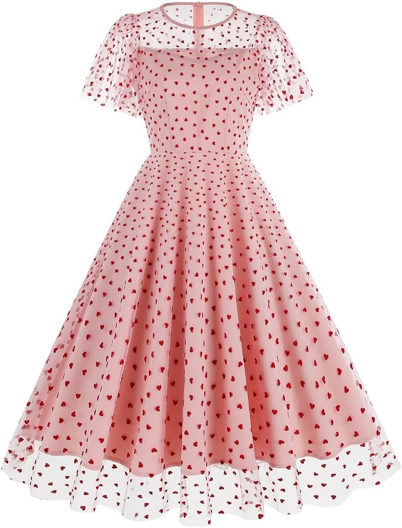 IBTOM CASTLE Women's 1950s Vintage Dress Short Sleeve Heart Print Mesh Retro Evening Prom Cocktail Party Swing A Line Dress