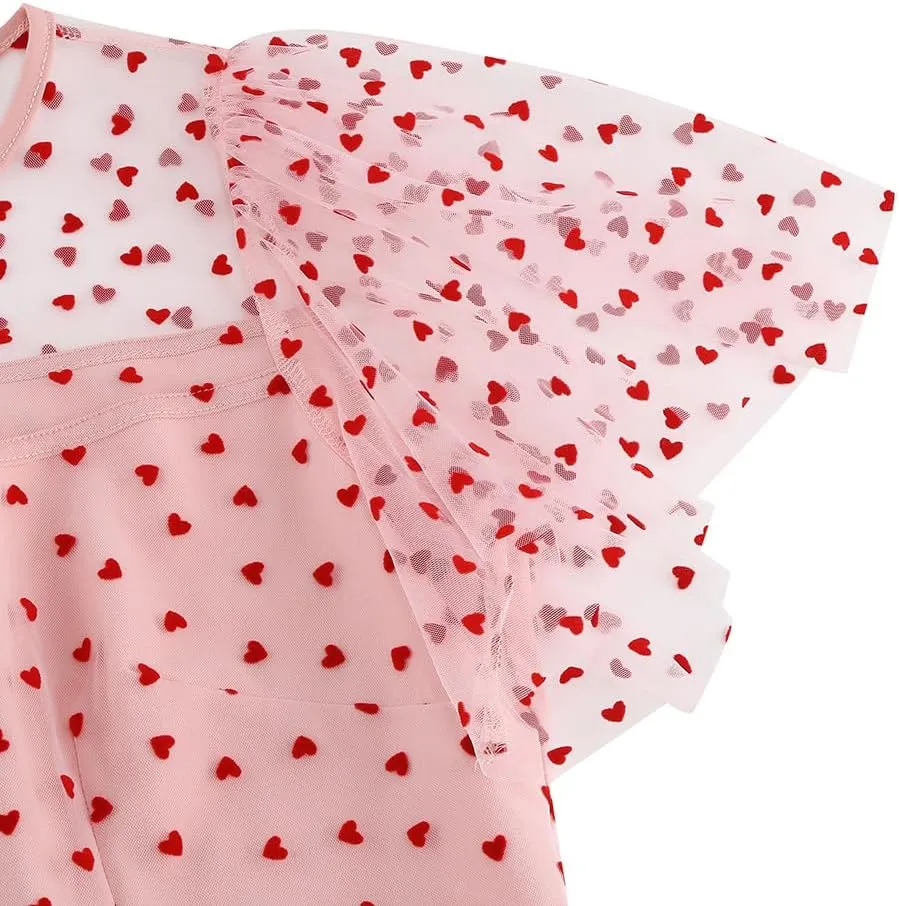 IBTOM CASTLE Women's 1950s Vintage Dress Short Sleeve Heart Print Mesh Retro Evening Prom Cocktail Party Swing A Line Dress
