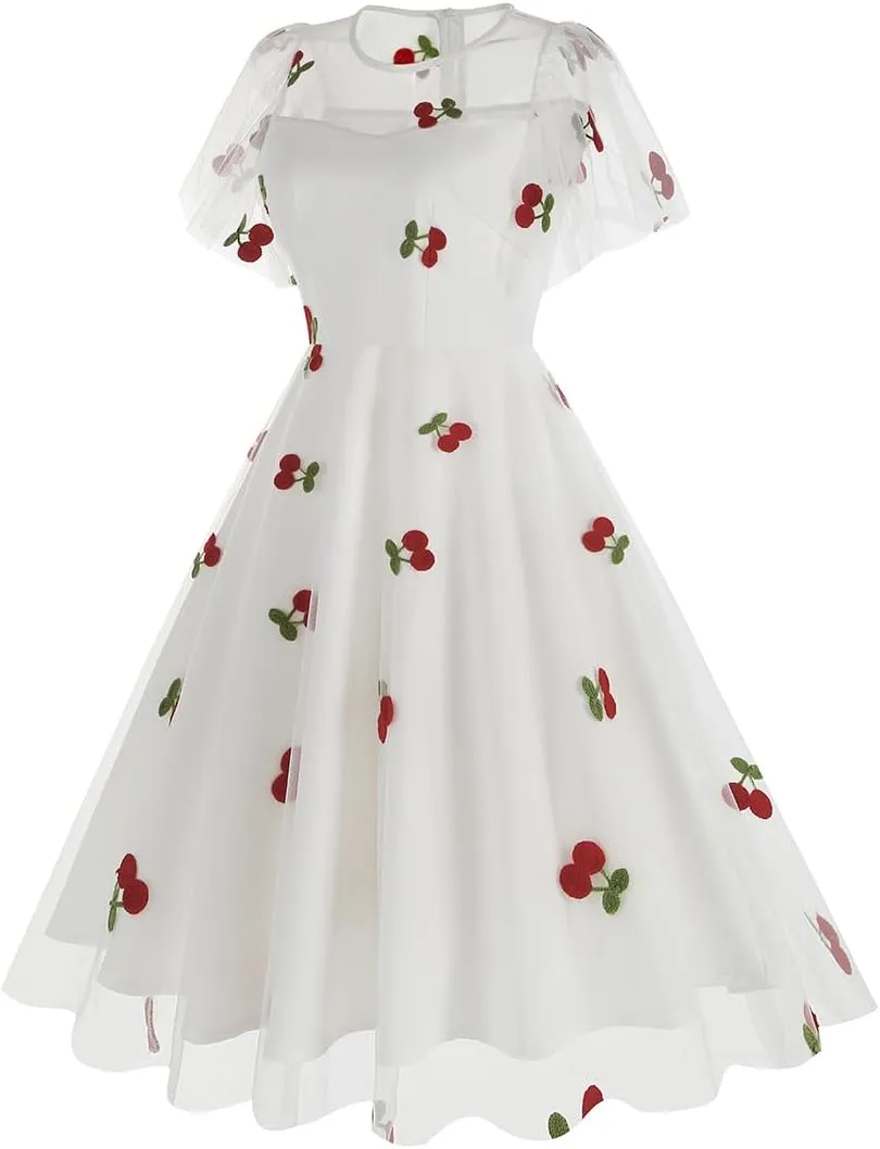 IBTOM CASTLE Women's 1950s Vintage Dress Short Sleeve Heart Print Mesh Retro Evening Prom Cocktail Party Swing A Line Dress