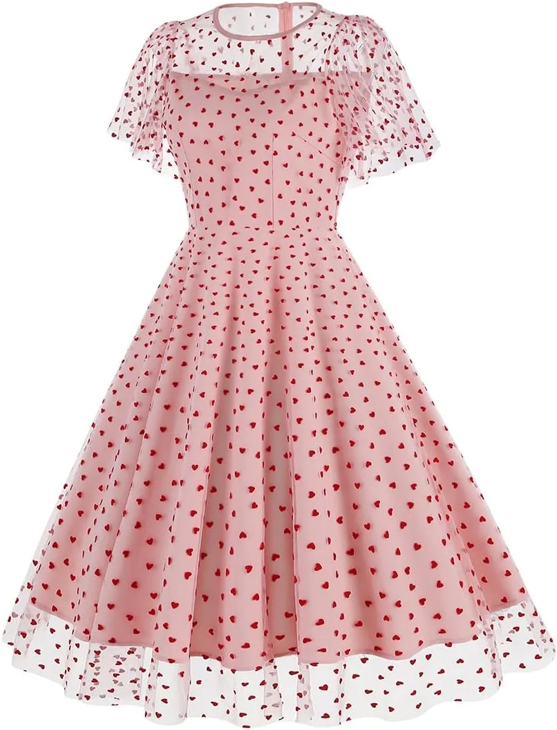 IBTOM CASTLE Women's 1950s Vintage Dress Short Sleeve Heart Print Mesh Retro Evening Prom Cocktail Party Swing A Line Dress