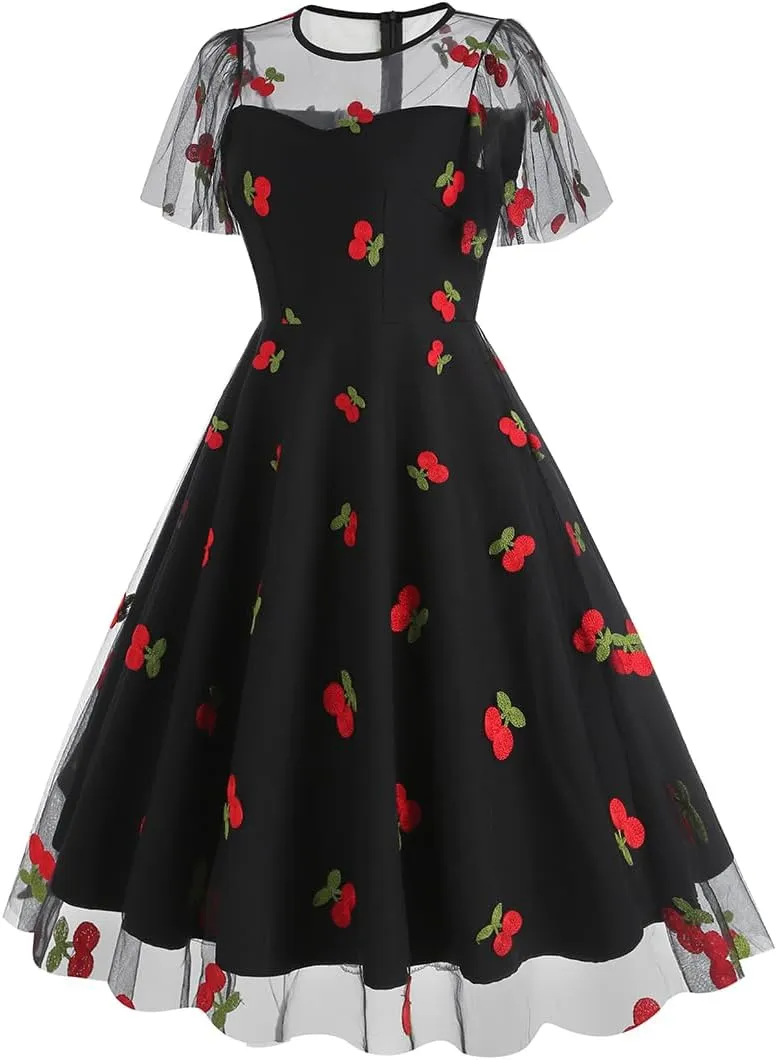 IBTOM CASTLE Women's 1950s Vintage Dress Short Sleeve Heart Print Mesh Retro Evening Prom Cocktail Party Swing A Line Dress