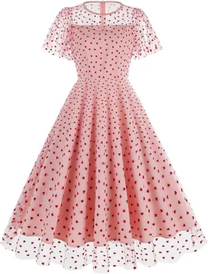 IBTOM CASTLE Women's 1950s Vintage Dress Short Sleeve Heart Print Mesh Retro Evening Prom Cocktail Party Swing A Line Dress