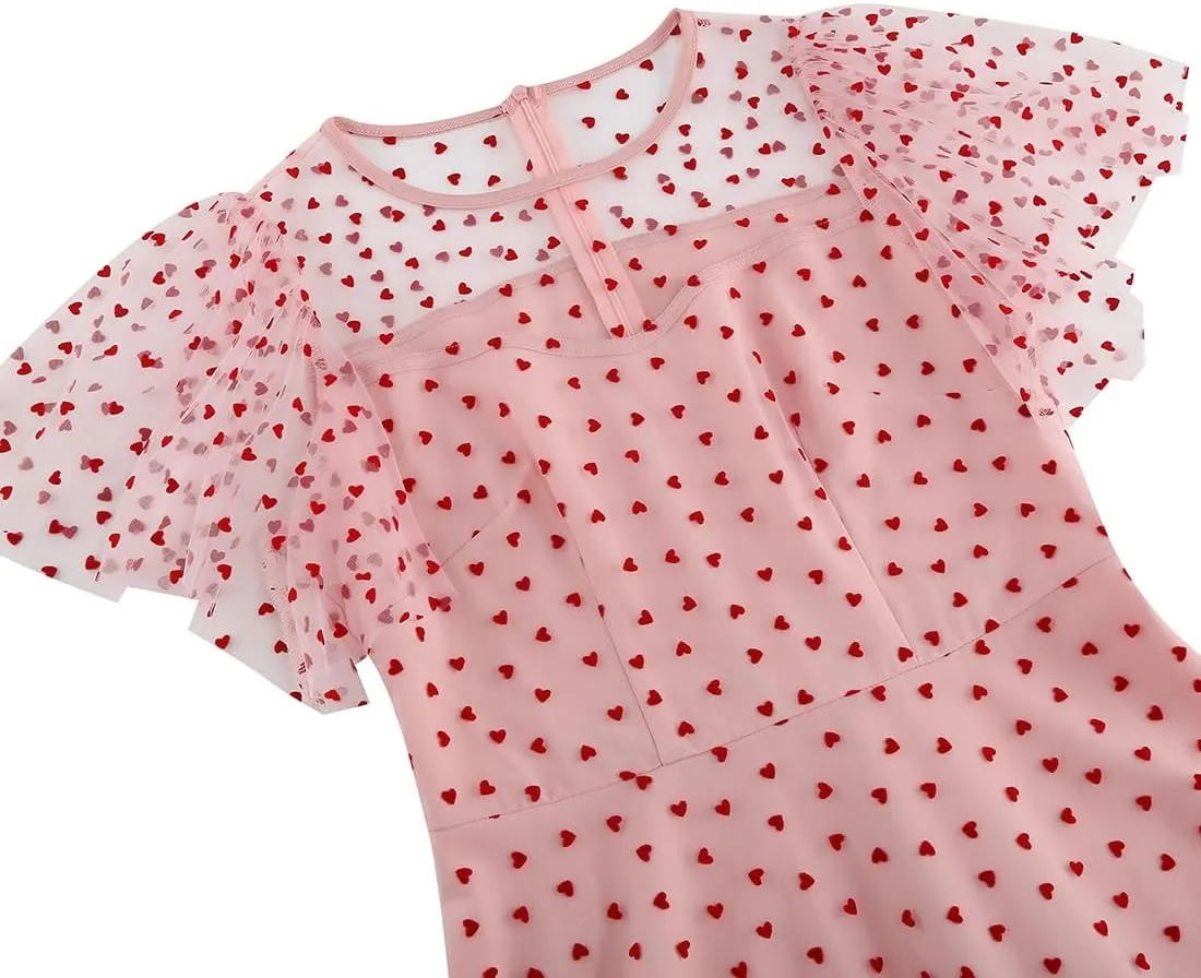 IBTOM CASTLE Women's 1950s Vintage Dress Short Sleeve Heart Print Mesh Retro Evening Prom Cocktail Party Swing A Line Dress