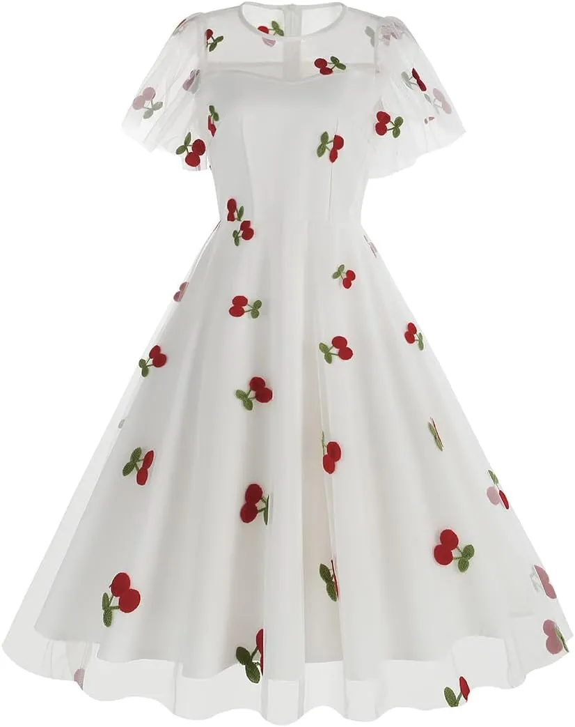 IBTOM CASTLE Women's 1950s Vintage Dress Short Sleeve Heart Print Mesh Retro Evening Prom Cocktail Party Swing A Line Dress