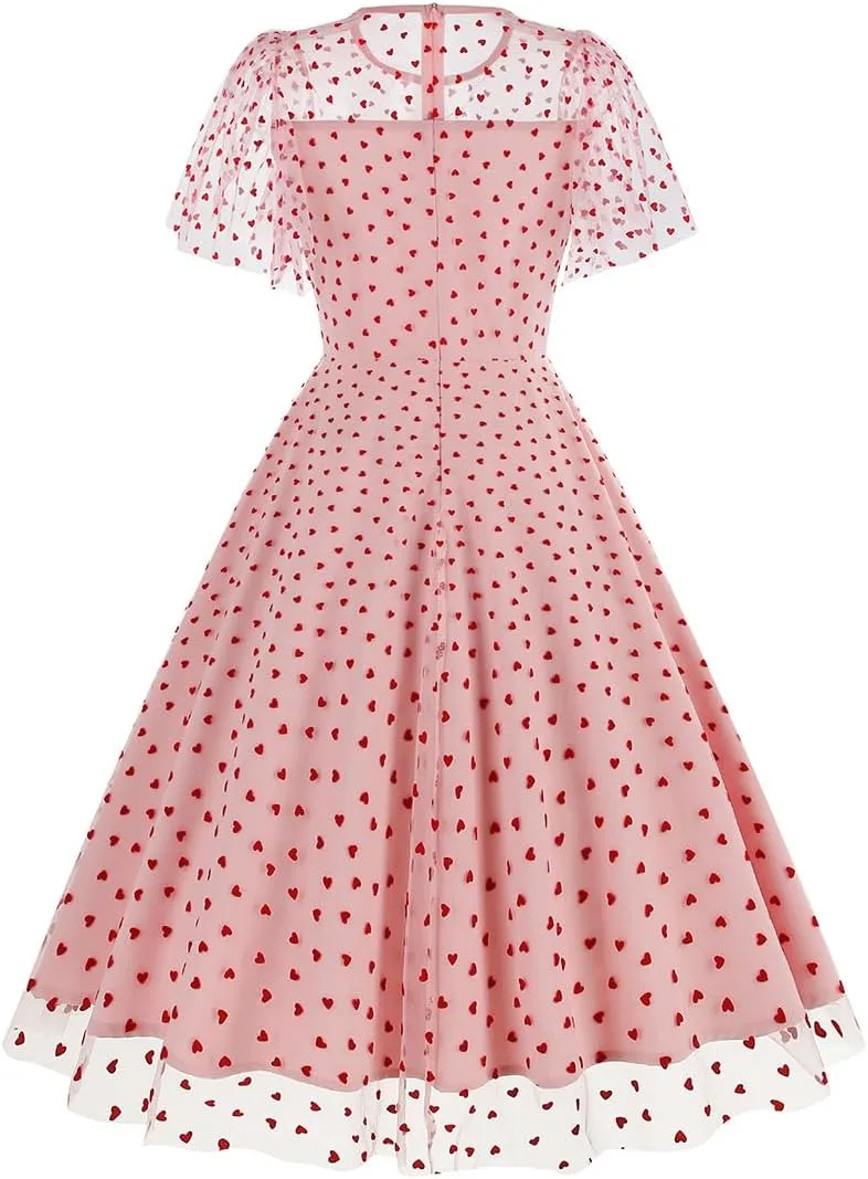 IBTOM CASTLE Women's 1950s Vintage Dress Short Sleeve Heart Print Mesh Retro Evening Prom Cocktail Party Swing A Line Dress