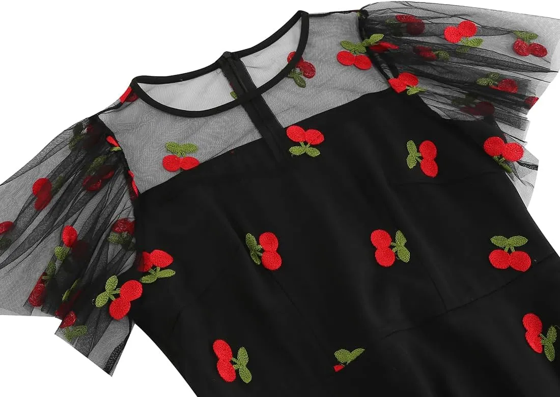 IBTOM CASTLE Women's 1950s Vintage Dress Short Sleeve Heart Print Mesh Retro Evening Prom Cocktail Party Swing A Line Dress