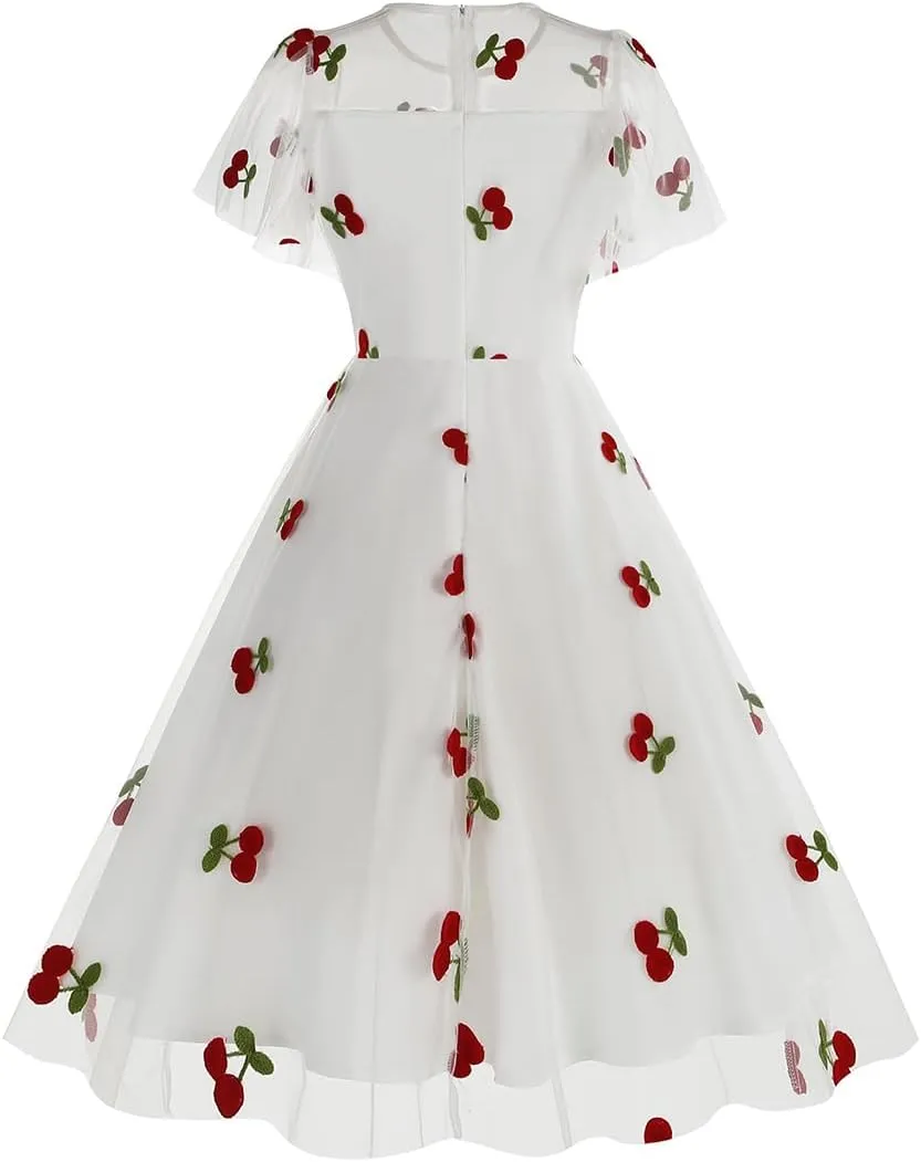 IBTOM CASTLE Women's 1950s Vintage Dress Short Sleeve Heart Print Mesh Retro Evening Prom Cocktail Party Swing A Line Dress