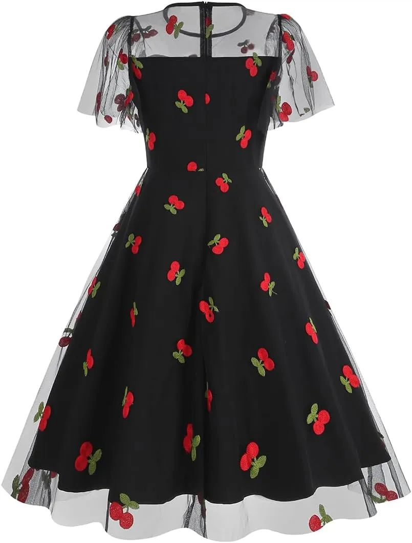 IBTOM CASTLE Women's 1950s Vintage Dress Short Sleeve Heart Print Mesh Retro Evening Prom Cocktail Party Swing A Line Dress
