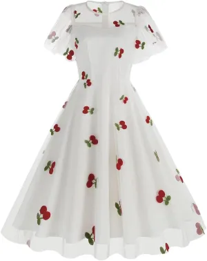 IBTOM CASTLE Women's 1950s Vintage Dress Short Sleeve Heart Print Mesh Retro Evening Prom Cocktail Party Swing A Line Dress