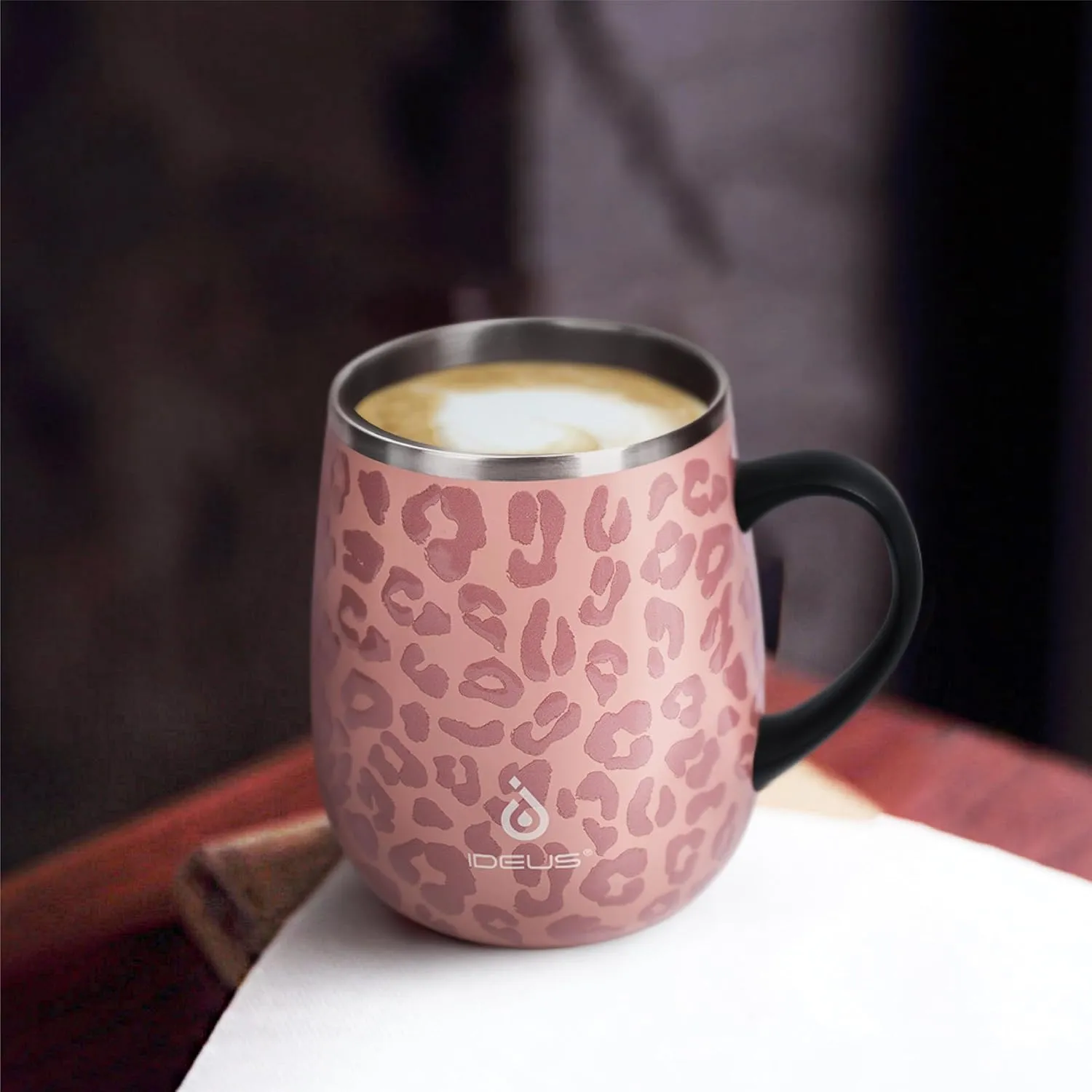 Ideus 16 oz (470 ml) Insulated Coffee Mug with Handle and Lid, Double Wall Stainless Steel Vacuum Thermal Coffee Mug, Travel Coffee Cup Thermal Cup for Home and Office, Leopard Pink