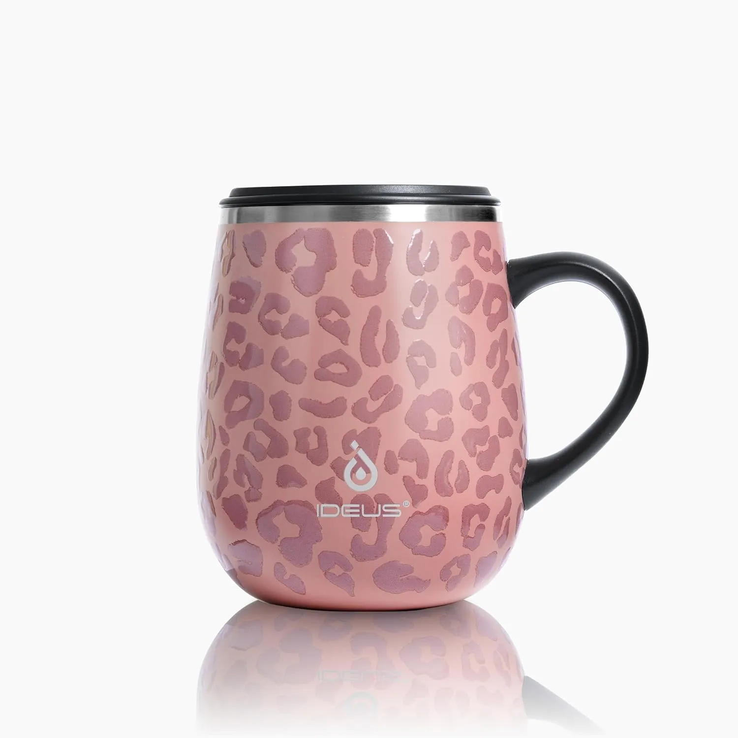 Ideus 16 oz (470 ml) Insulated Coffee Mug with Handle and Lid, Double Wall Stainless Steel Vacuum Thermal Coffee Mug, Travel Coffee Cup Thermal Cup for Home and Office, Leopard Pink
