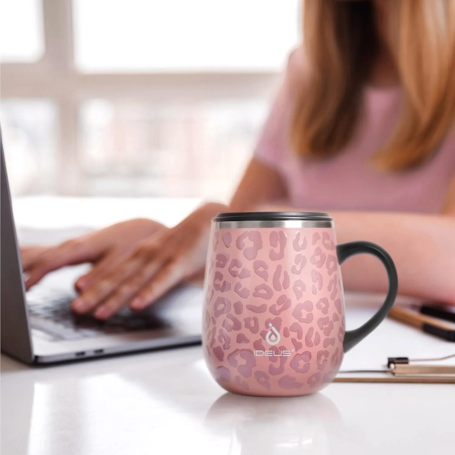 Ideus 16 oz (470 ml) Insulated Coffee Mug with Handle and Lid, Double Wall Stainless Steel Vacuum Thermal Coffee Mug, Travel Coffee Cup Thermal Cup for Home and Office, Leopard Pink