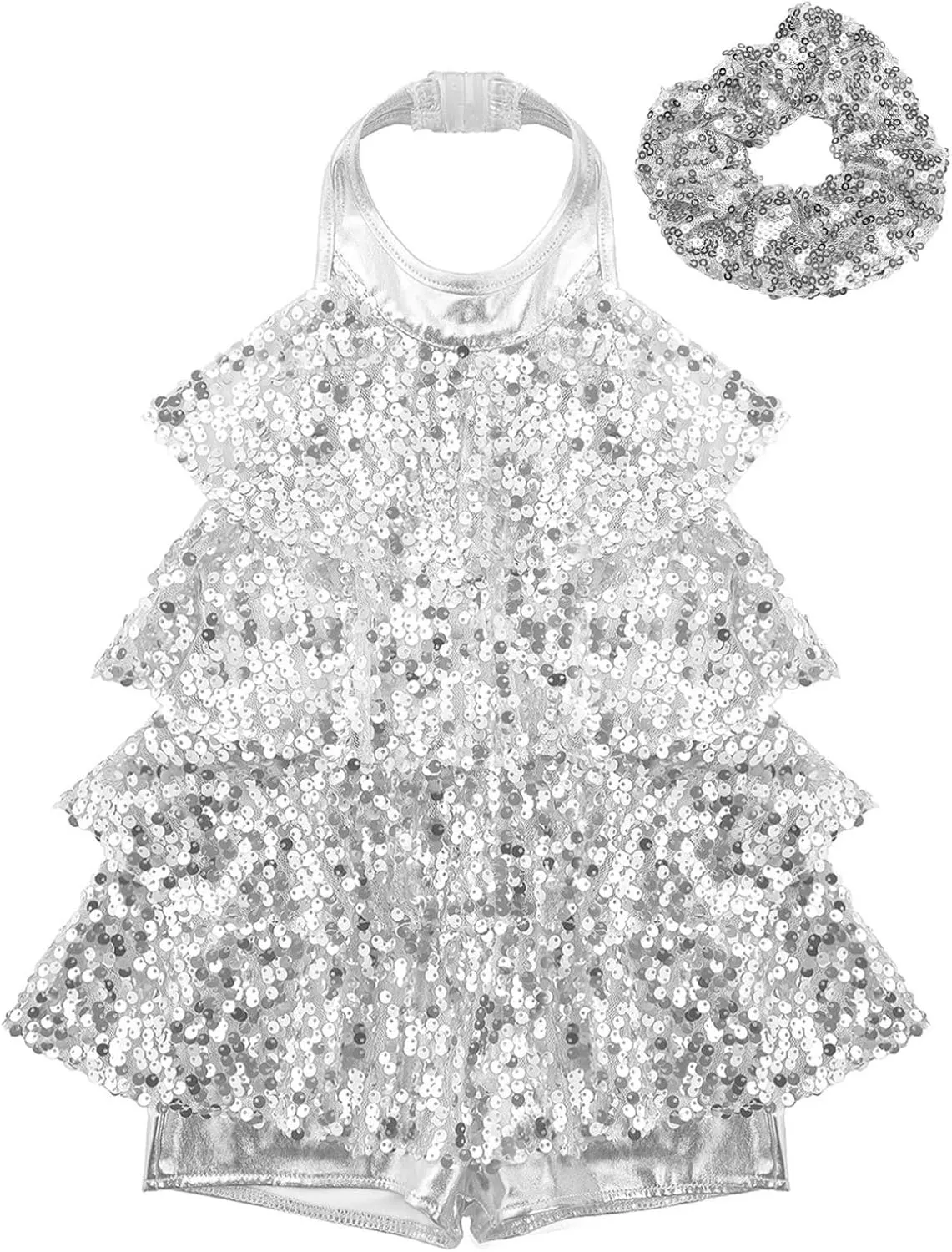iiniim Kids Girls Sparkly Sequins Dress Leotard with Hair Tie Jazz Latin Rumba Samba Dance Performance Costume