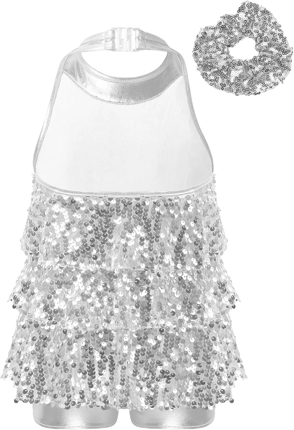 iiniim Kids Girls Sparkly Sequins Dress Leotard with Hair Tie Jazz Latin Rumba Samba Dance Performance Costume