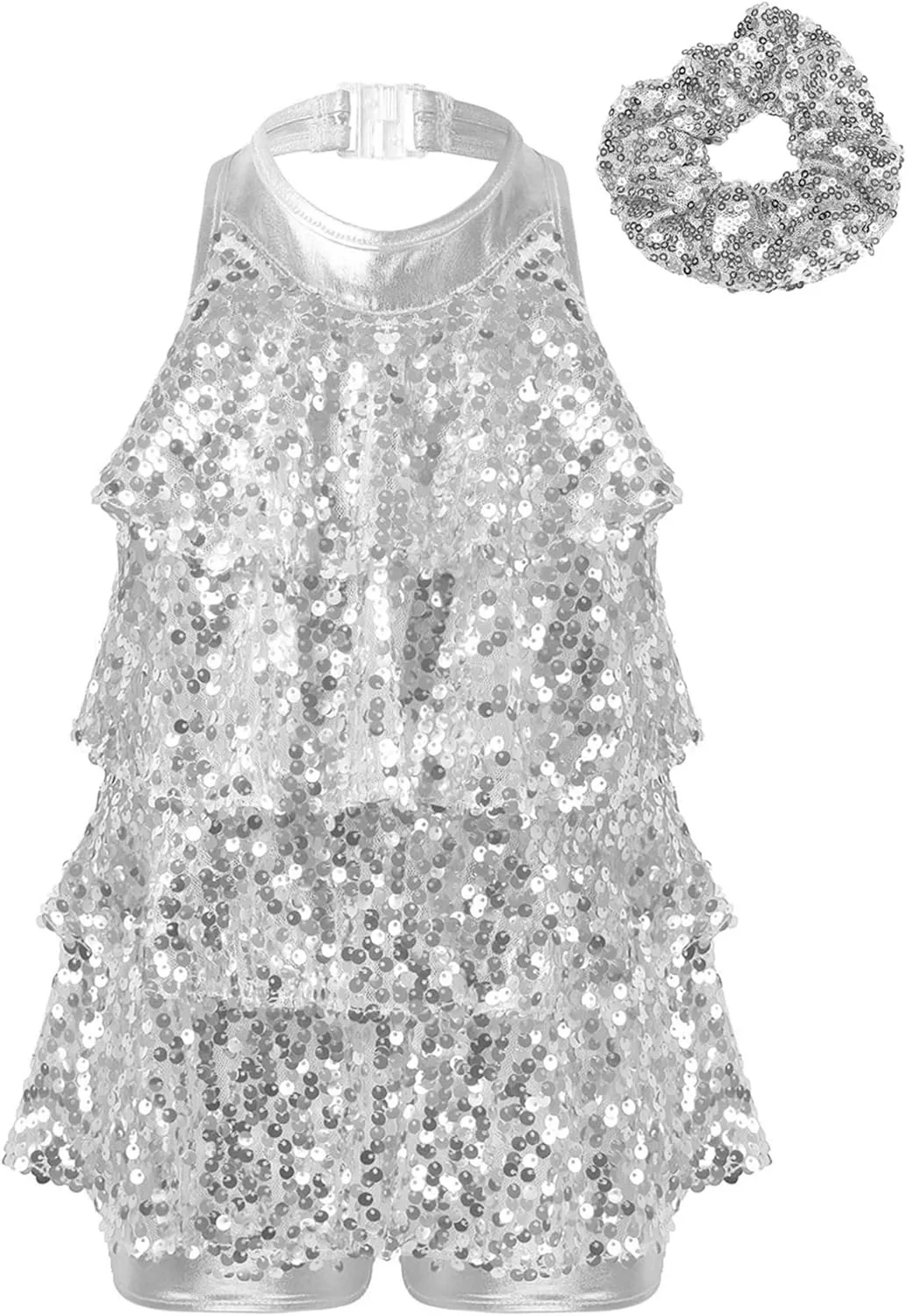 iiniim Kids Girls Sparkly Sequins Dress Leotard with Hair Tie Jazz Latin Rumba Samba Dance Performance Costume