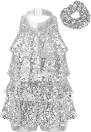 iiniim Kids Girls Sparkly Sequins Dress Leotard with Hair Tie Jazz Latin Rumba Samba Dance Performance Costume