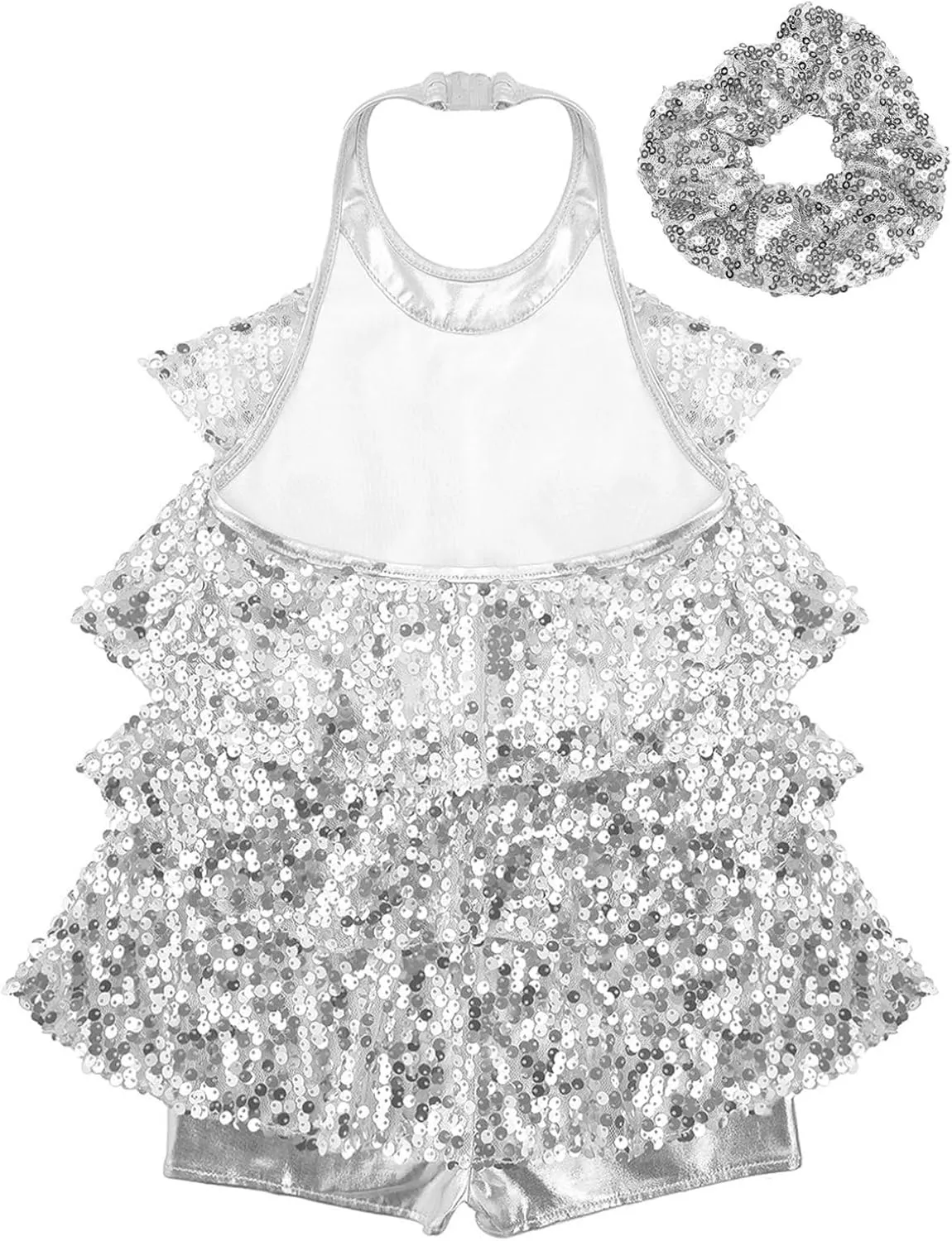 iiniim Kids Girls Sparkly Sequins Dress Leotard with Hair Tie Jazz Latin Rumba Samba Dance Performance Costume