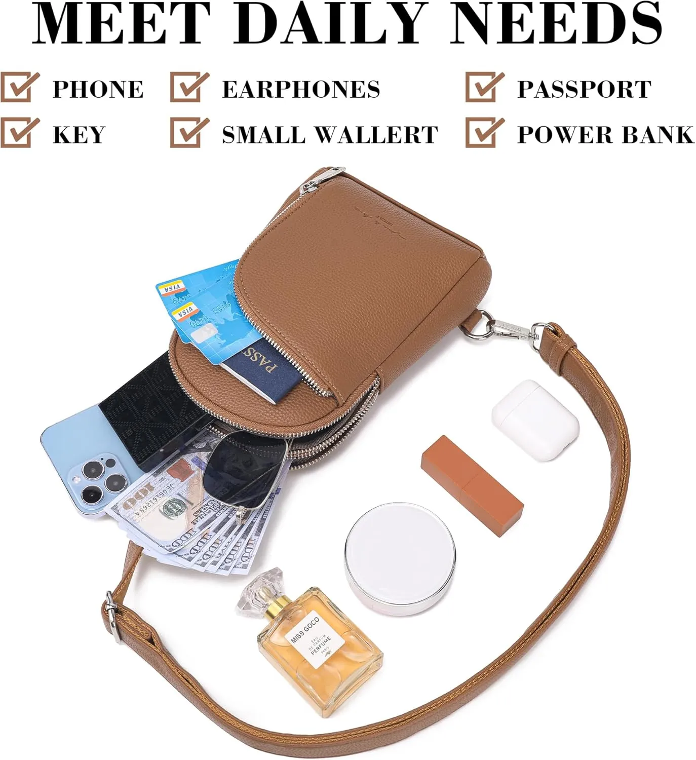INICAT RFID Blocking Sling Bag Leather Crossbody Bags for Women Fanny Pack Cross Body for Woman Chest Bag for Travel 1.9L