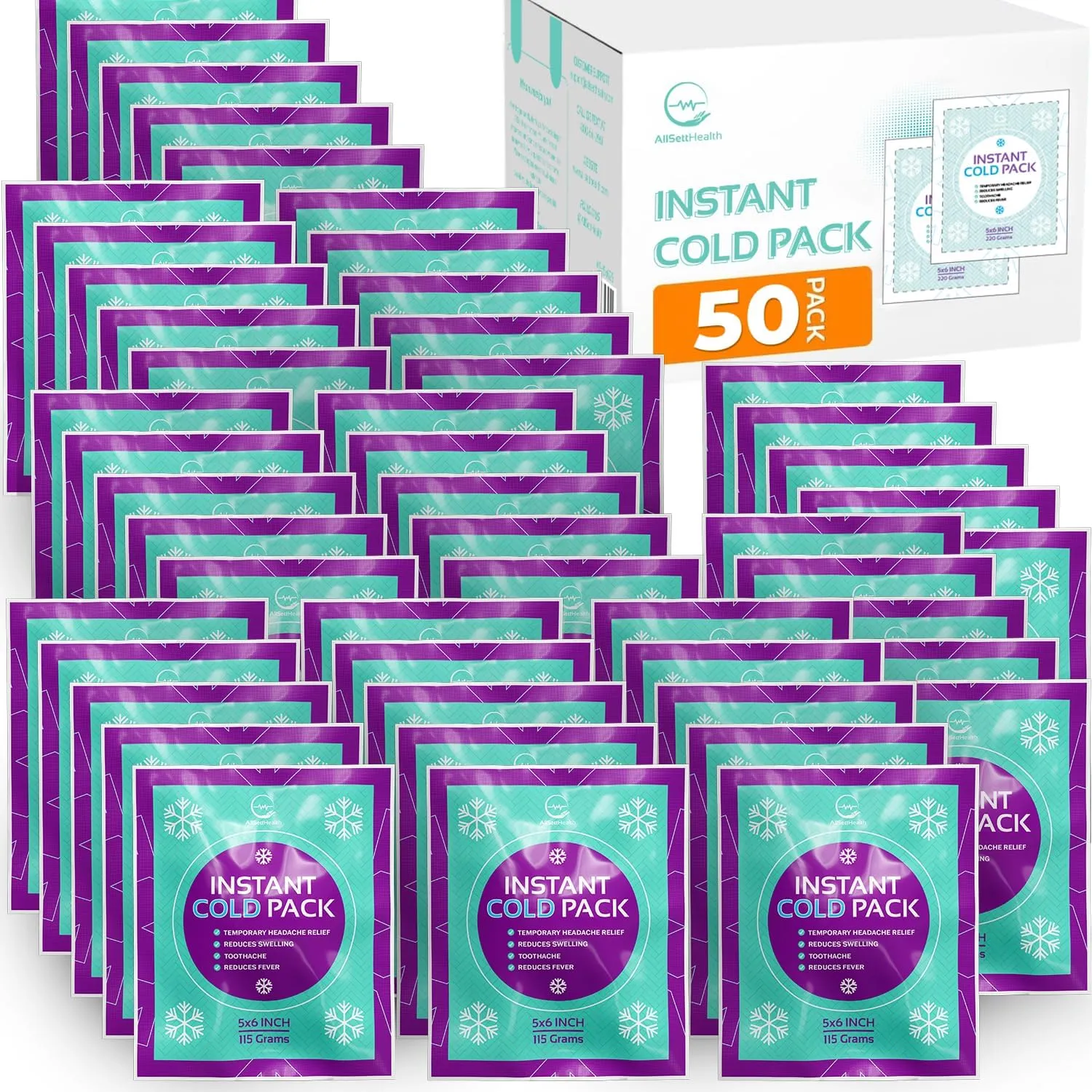 Instant Ice Cold Pack (6” x 5”) - 50 Packs Disposable Instant Ice Packs for Injuries | Cold Compress Ice Pack for Pain Relief, Swelling, First Aid, Toothache, & Outdoor Activities -Subscribe & Save