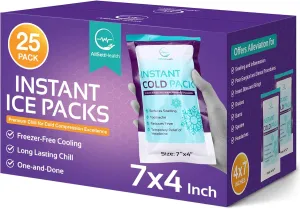 Instant Ice Packs for Injuries 25 Packs (7” x 4”) | Instant Ice Cold Pack - Cold Compress Disposable Ice Pack for Pain Relief, First Aid Essential, Swelling, Toothache, Athletes & Outdoor Activities
