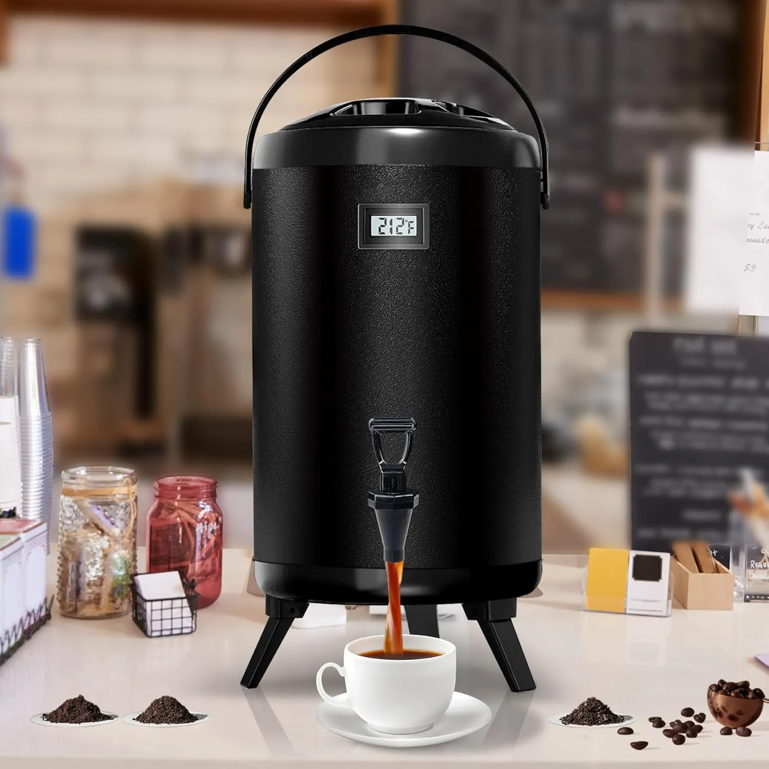 Insulated Beverage Dispenser - Thermal Hot and Cold Tea Dispenser - Stainless Steel 12L/3.2Gal with Spigot for Hot Coffee & Tea, Cold Milk & Juice - Black