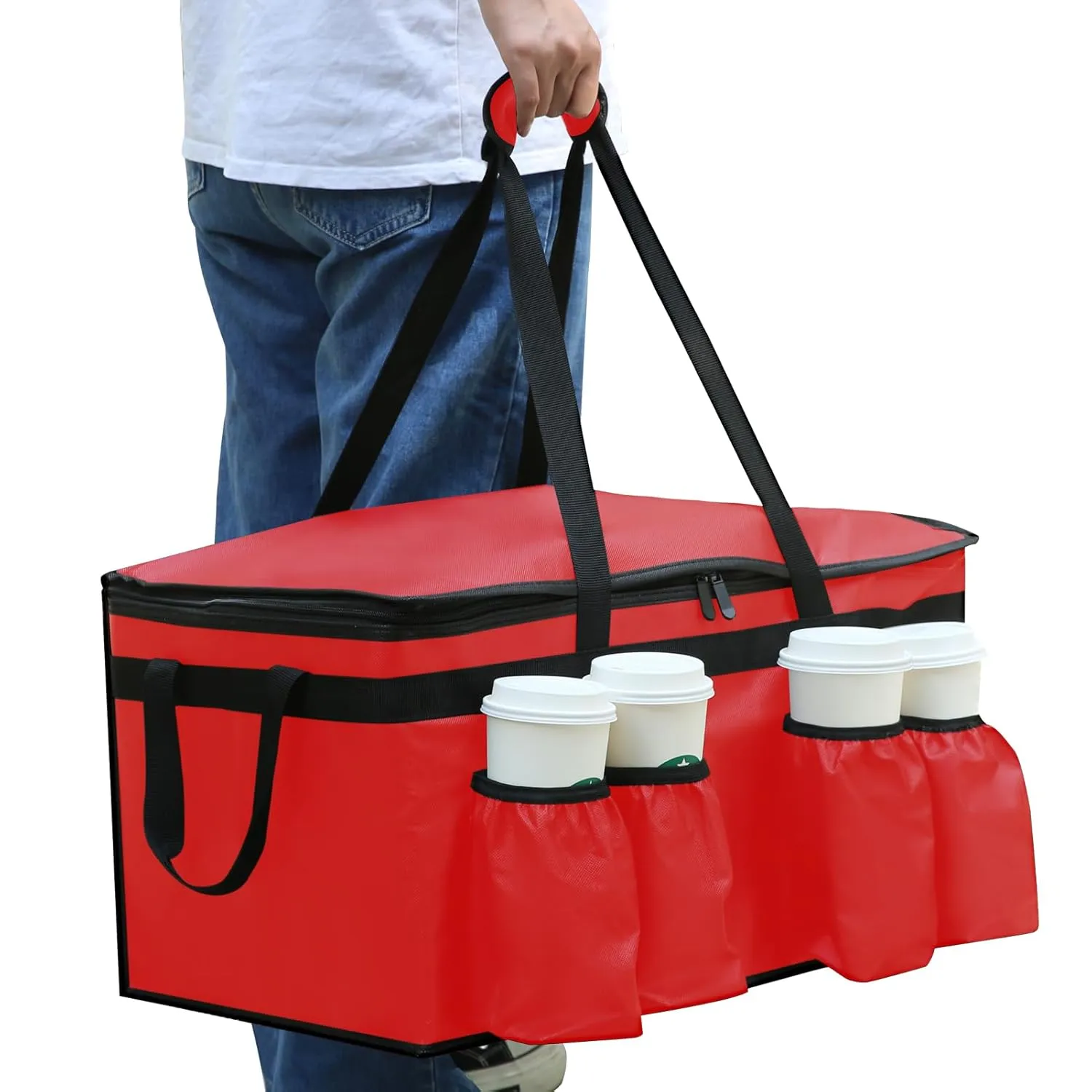 Insulated Food Delivery Bag with Cup Holders/Drink Carriers Premium XXL, Great for Beverages, Grocery, Pizza, Commercial Quality Hot and Cold Catering Bag for doordash 22x14x13 hot Boxes