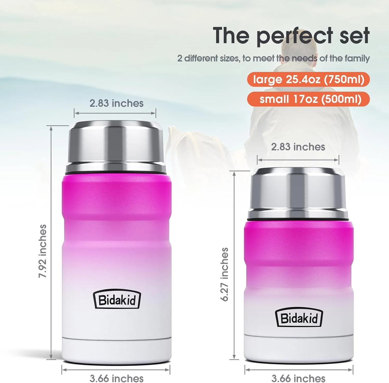 Insulated Food Jar Set – 25.4oz & 17oz Stainless Steel Containers with Folding Spoon and Carrying Bags – Leak-Proof, Keeps Food Hot or Cold for up to 12 Hours – Ideal for Work, School, Travel